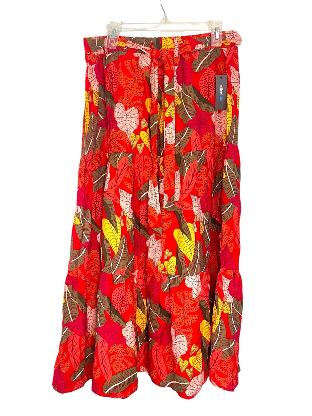 Alice Blue Tiered Maxi Skirt with Belt Tropical Leaves Red Yellow Green Size XL